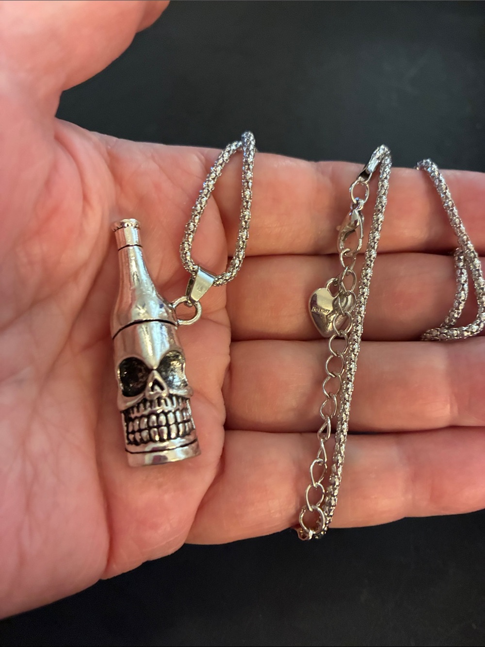 Silver Tone Skull Bottle Pendant Necklace - And Bottle Opener